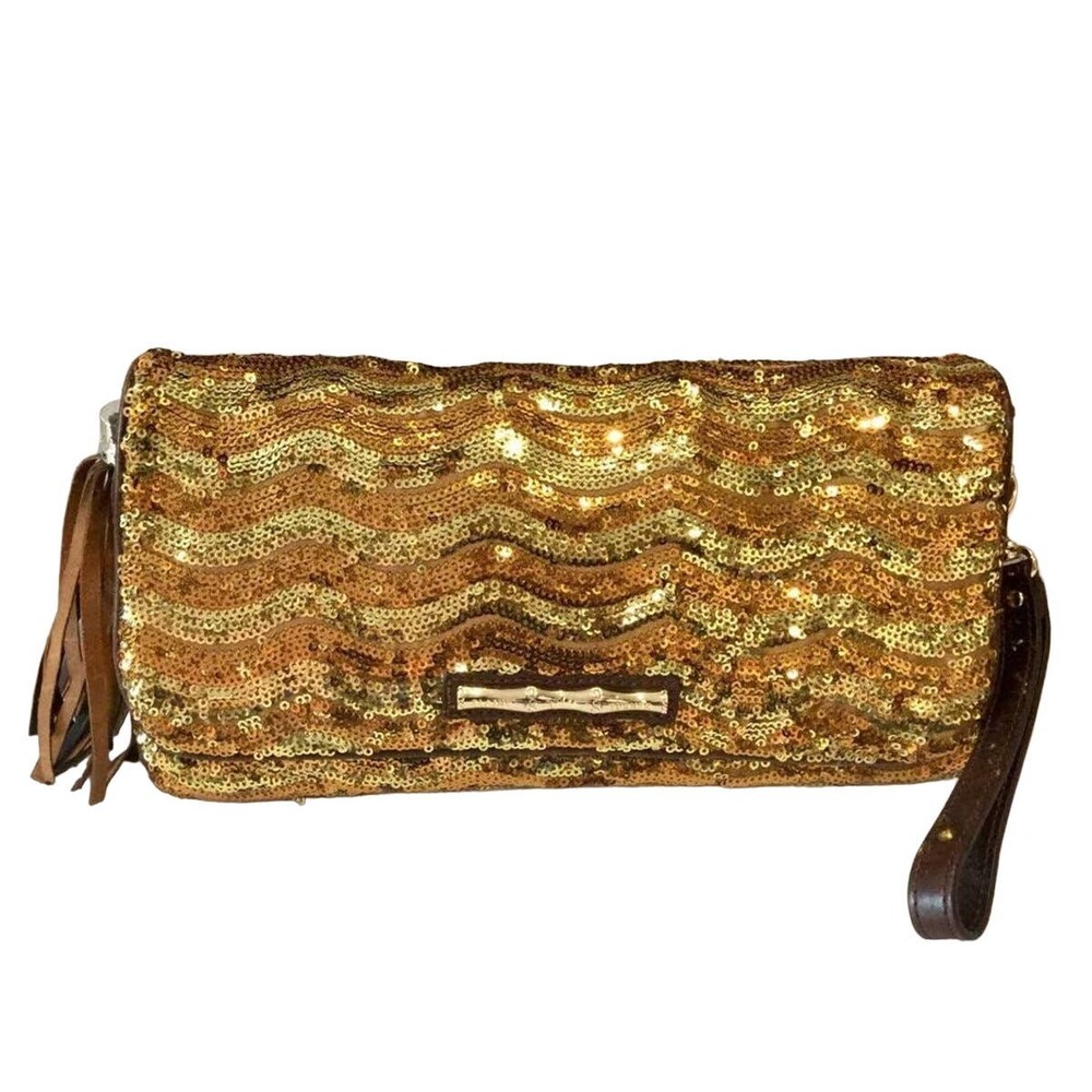 ELAINE TURNER Gold Sequin Evening Clutch Purse Wristlet Incl Mirror NWT